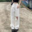 White Hole Straight Jeans Women''s Summer Ins Small Loose