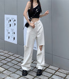 White Hole Straight Jeans Women''s Summer Ins Small Loose