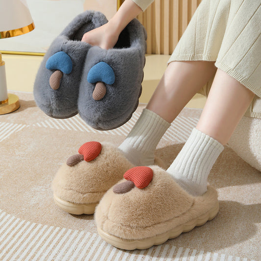 Cute Mushroom Cotton Slippers For Women Thick-soled Autumn And Winter Plush Slipper Indoor Non-slip Eva Household Furry Shoes